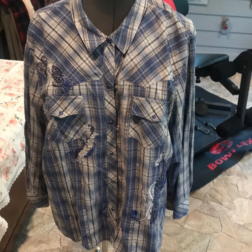 Liz and Me Blue Plaid Long Sleeve Shirt Button Snap Western Size 3X